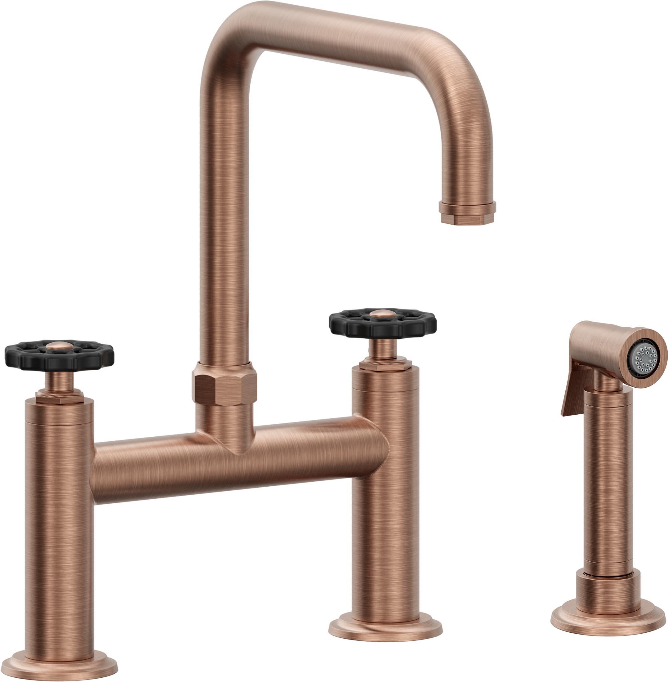 California Faucets Descanso Works Llave de Cocina Tipo Puente Industrial con Rociador Lateral - Pico Cuadruple - Cobre Antiguo Mate