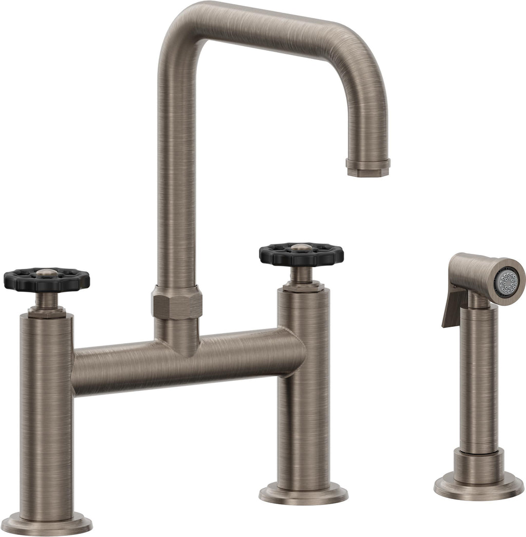 California Faucets Descanso Works Llave de Cocina Tipo Puente Industrial con Rociador Lateral - Pico Cuadruple - Níquel Antiguo Mate