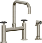 California Faucets Descanso Works Llave de Cocina Tipo Puente Industrial con Rociador Lateral - Pico Cuadruple - Níquel Bruñido