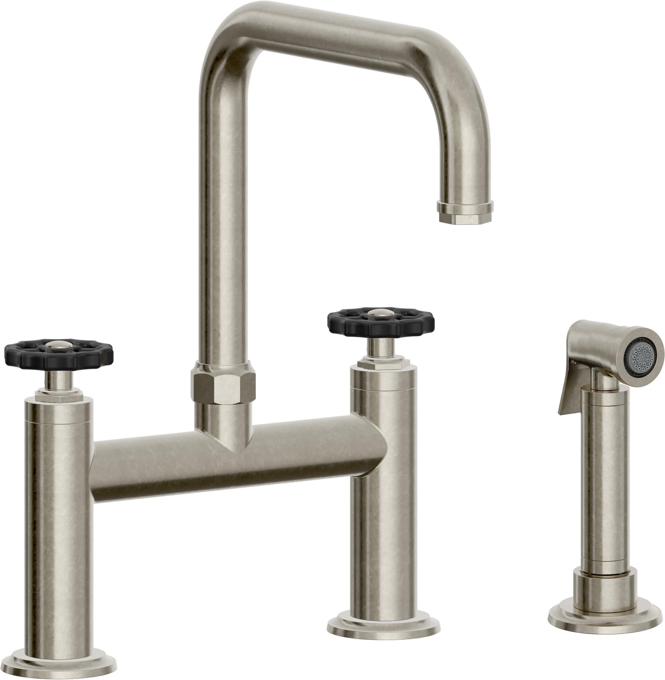 California Faucets Descanso Works Llave de Cocina Tipo Puente Industrial con Rociador Lateral - Pico Cuadruple - Níquel Bruñido