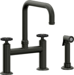 California Faucets Descanso Works Llave de Cocina Tipo Puente Industrial con Rociador Lateral - Pico Cuadruple - Bronce Bella Terra