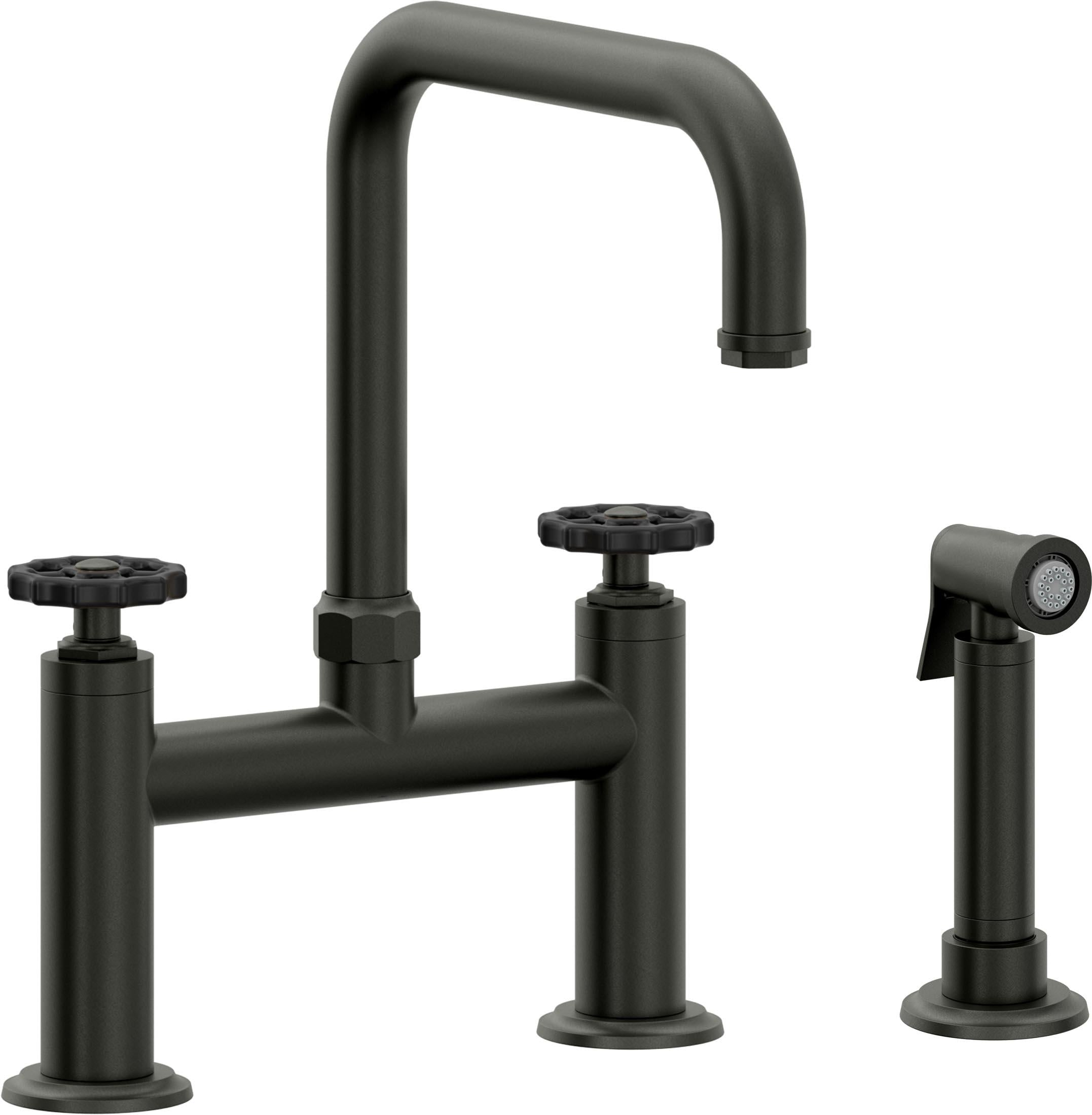California Faucets Descanso Works Llave de Cocina Tipo Puente Industrial con Rociador Lateral - Pico Cuadruple - Bronce Bella Terra