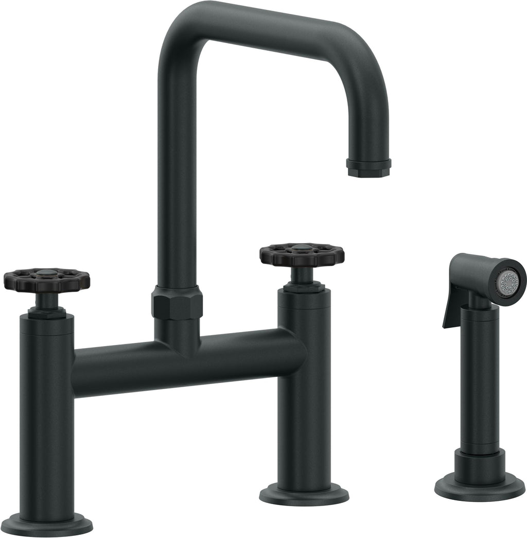 California Faucets Descanso Works Llave de Cocina Tipo Puente Industrial con Rociador Lateral - Pico Cuadruple - Carbón