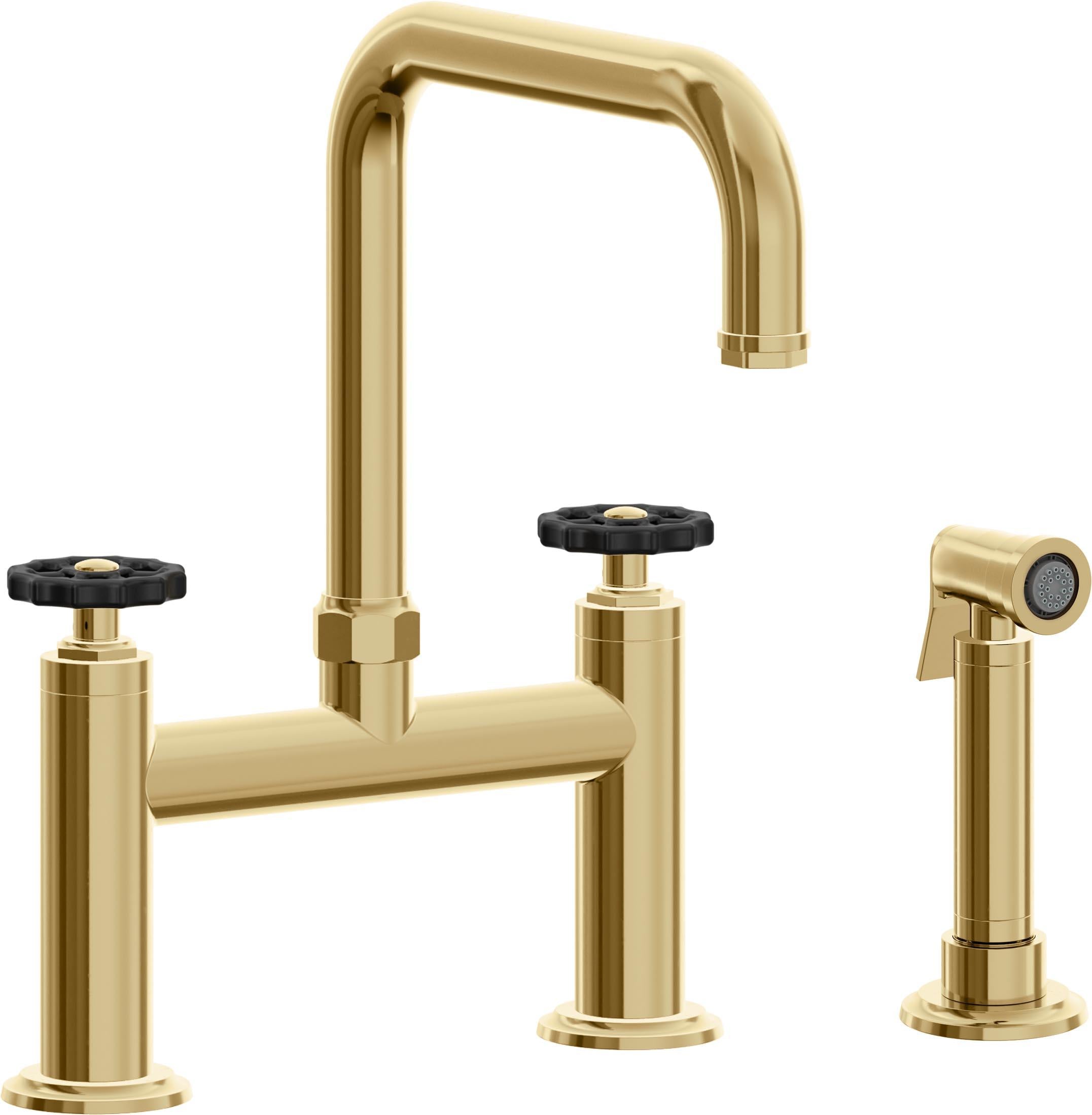 California Faucets Descanso Works Llave de Cocina Tipo Puente Industrial con Rociador Lateral - Pico Cuadruple - Oro Francés