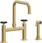 California Faucets Descanso Works Llave de Cocina Tipo Puente Industrial con Rociador Lateral - Pico Cuadruple - Oro Pulido de por Vida