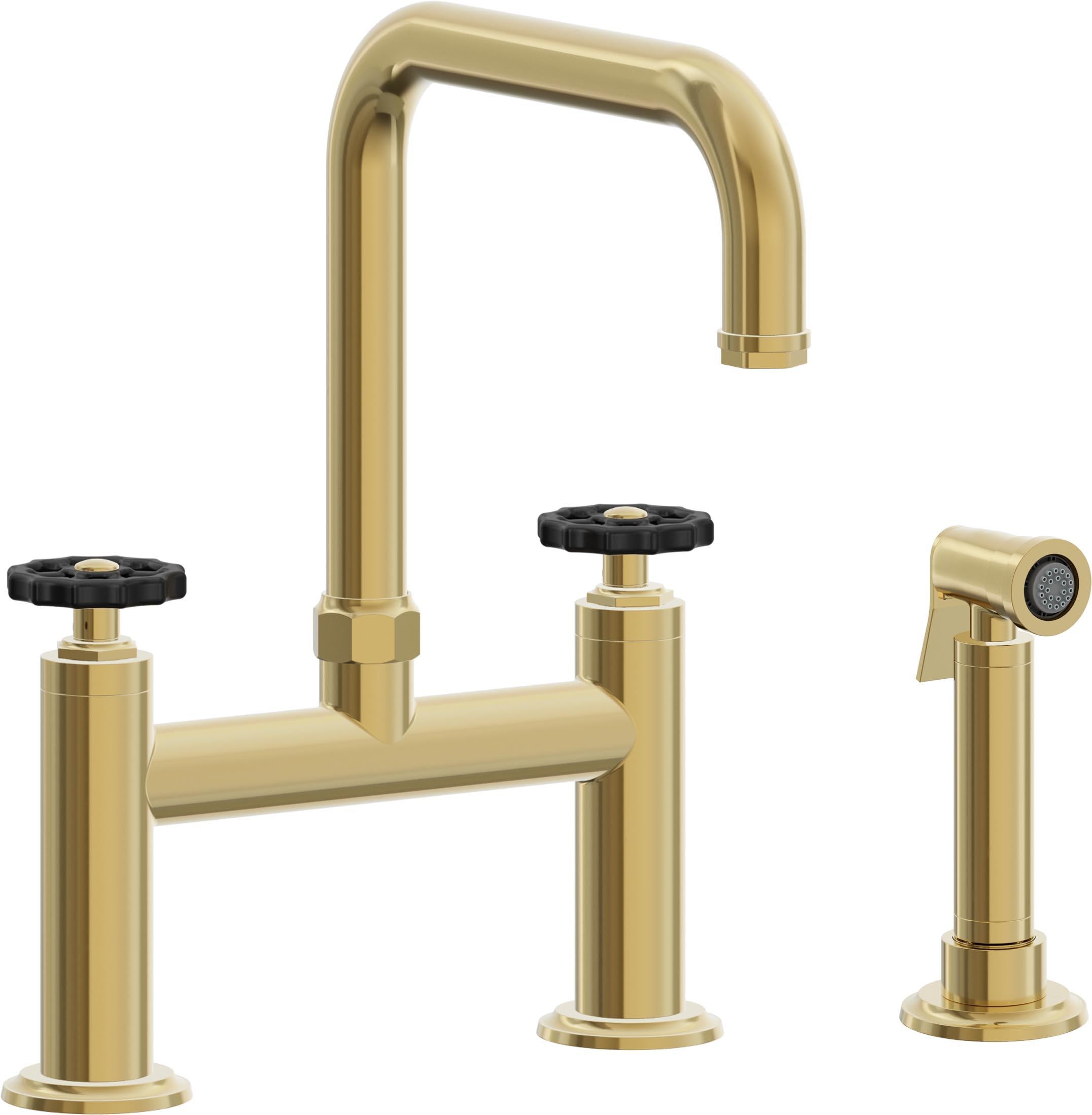California Faucets Descanso Works Llave de Cocina Tipo Puente Industrial con Rociador Lateral - Pico Cuadruple - Oro Pulido de por Vida