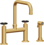 California Faucets Descanso Works Llave de Cocina Tipo Puente Industrial con Rociador Lateral - Pico Cuadruple - Oro Satinado de por Vida