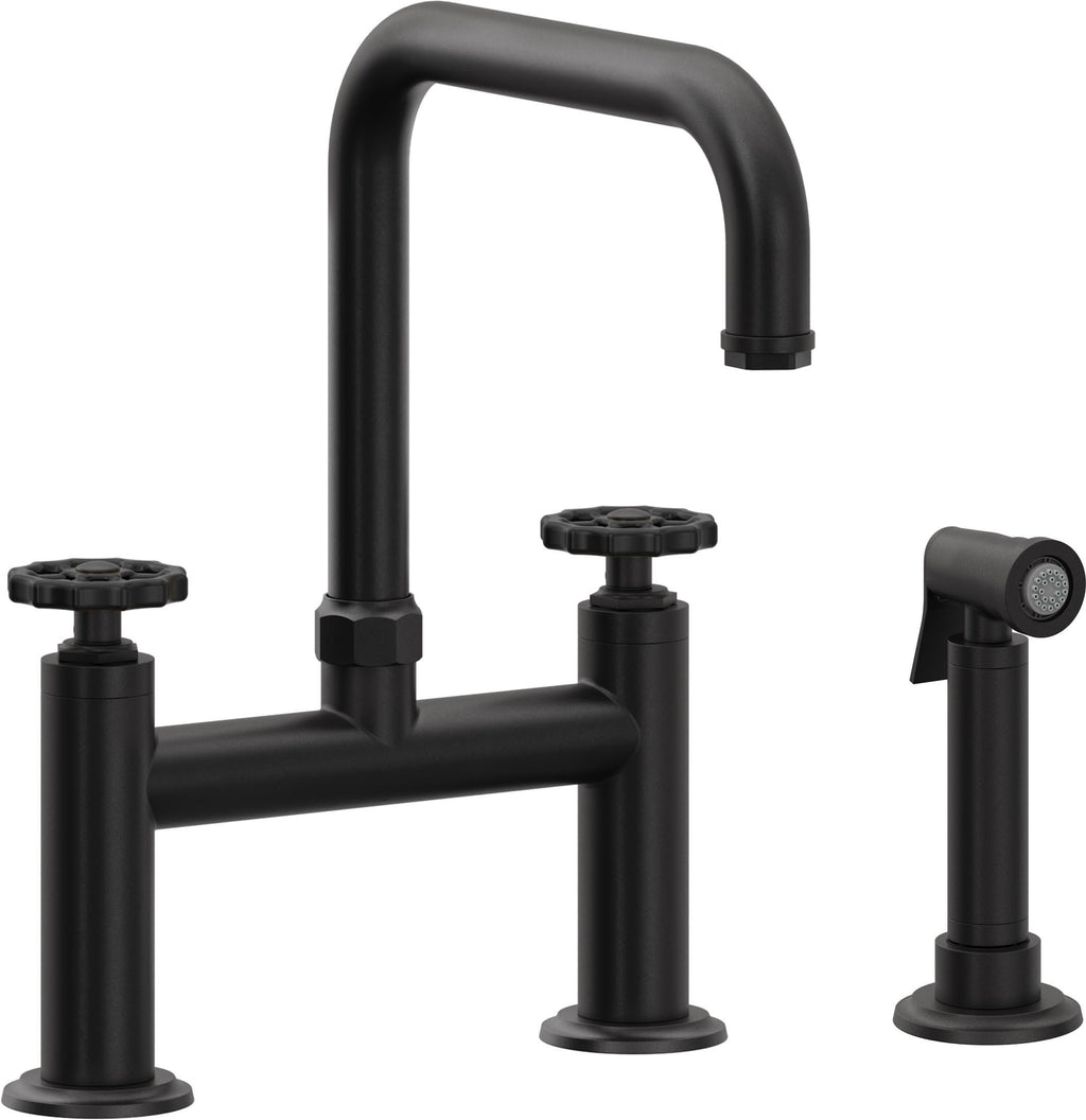 California Faucets Descanso Works Llave de Cocina Tipo Puente Industrial con Rociador Lateral - Pico Cuadruple - Negro Mate
