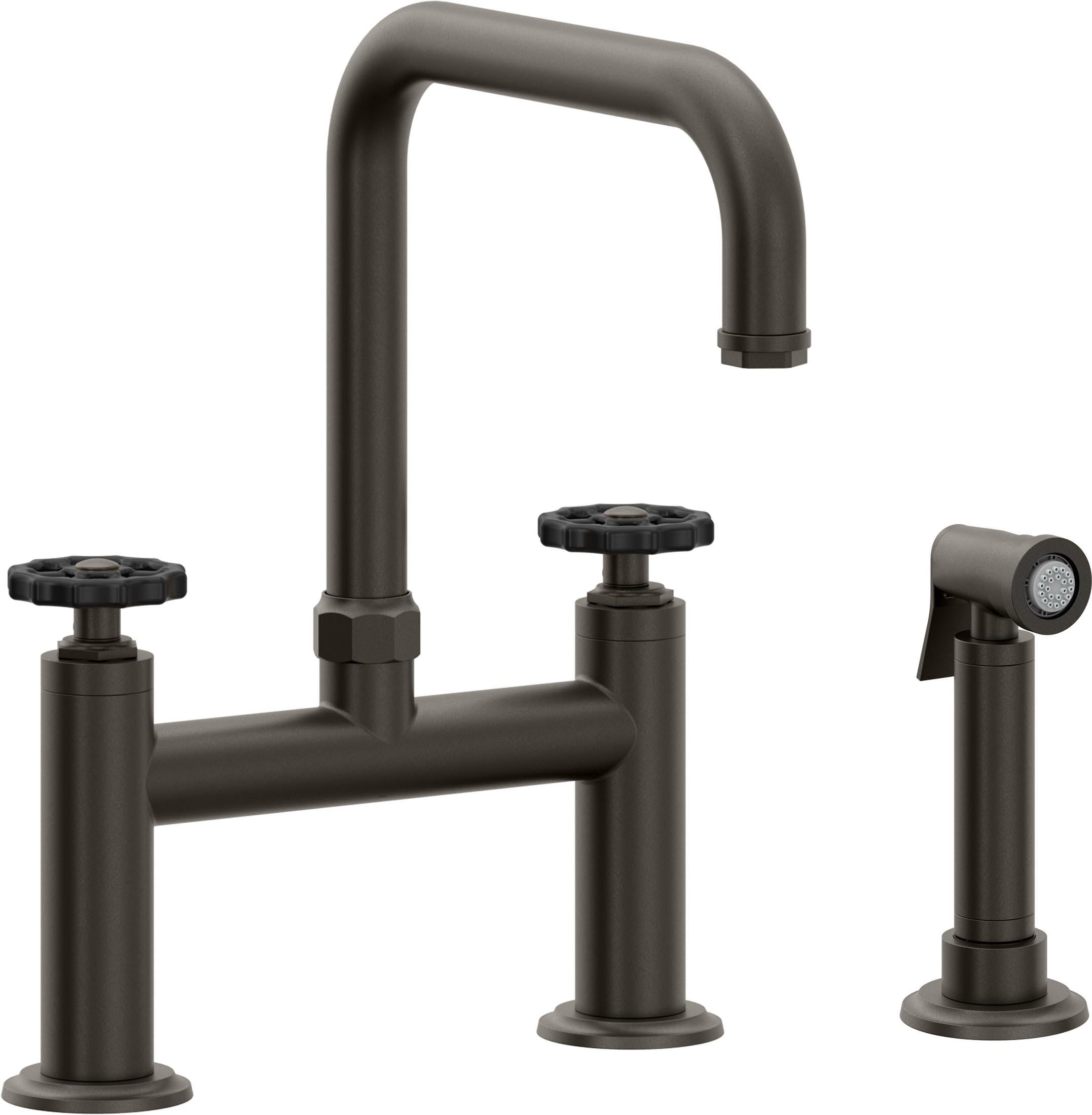 California Faucets Descanso Works Llave de Cocina Tipo Puente Industrial con Rociador Lateral - Pico Cuadruple - Bronce Oscuro