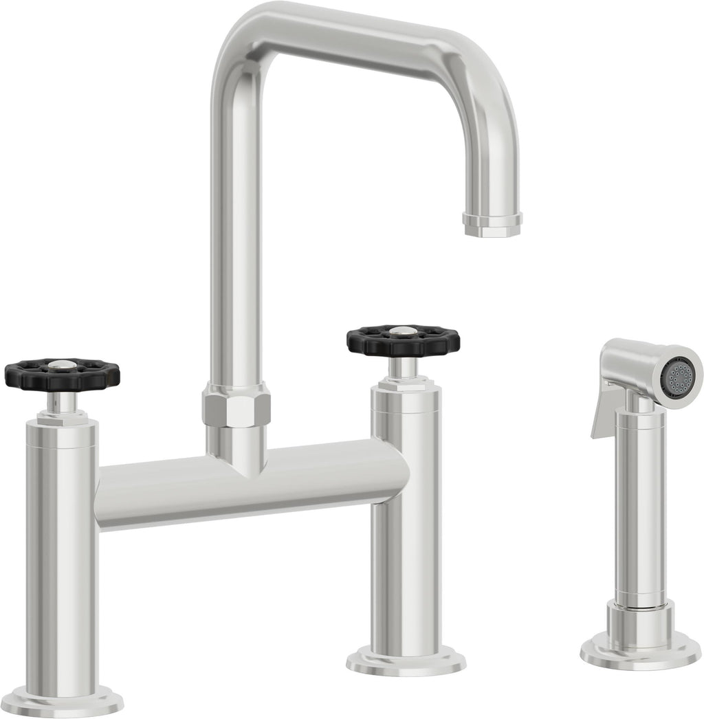 California Faucets Descanso Works Llave de Cocina Tipo Puente Industrial con Rociador Lateral - Pico Cuadruple - Cromo Pulido