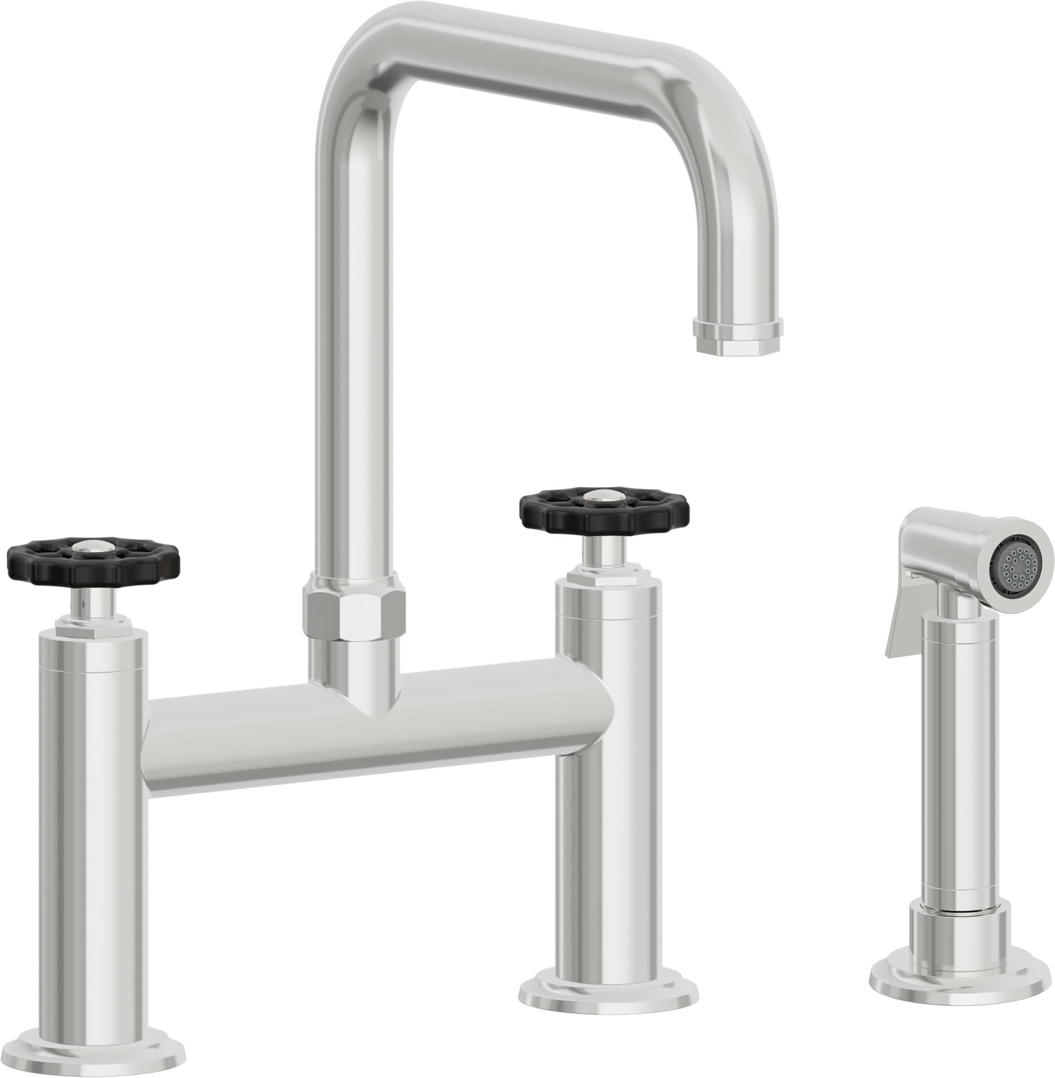 California Faucets Descanso Works Llave de Cocina Tipo Puente Industrial con Rociador Lateral - Pico Cuadruple - Cromo Pulido
