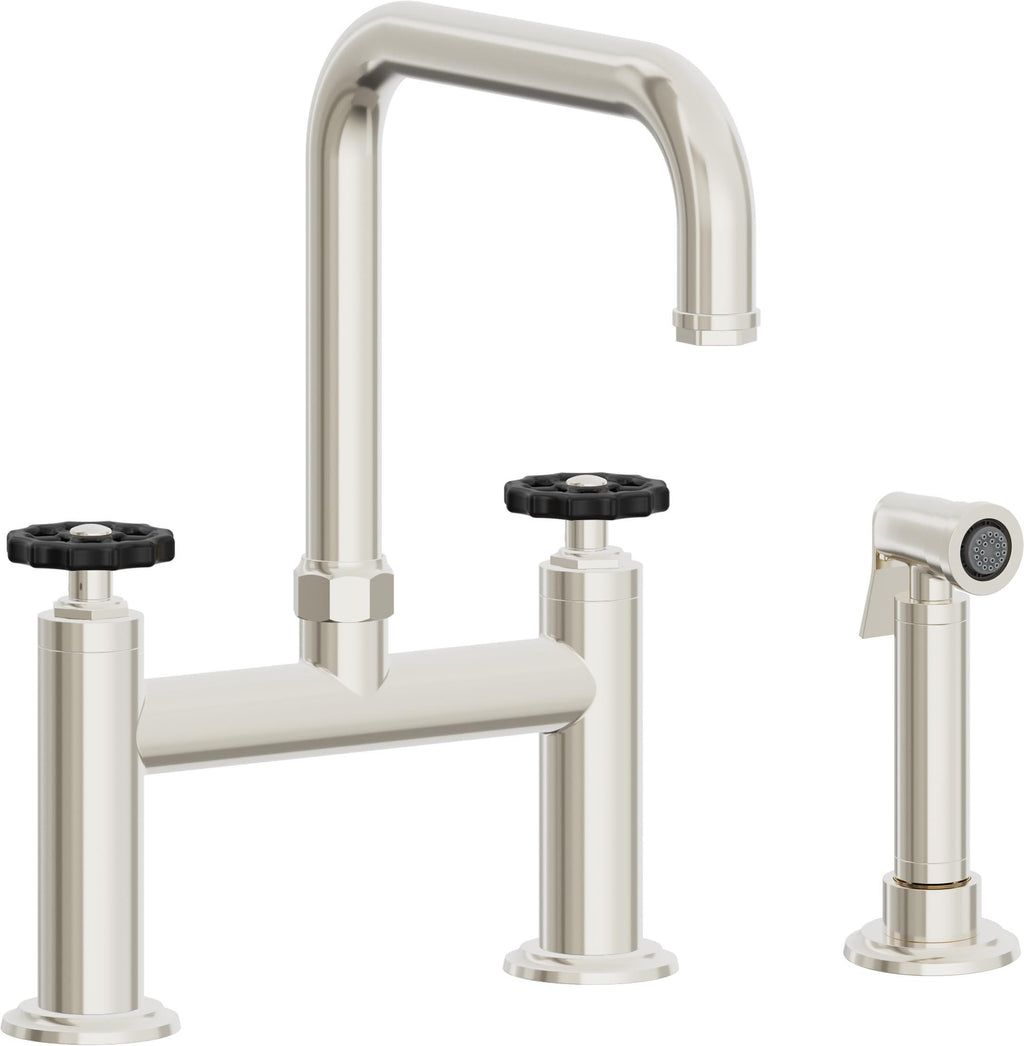 California Faucets Descanso Works Llave de Cocina Tipo Puente Industrial con Rociador Lateral - Pico Cuadruple - Níquel Pulido