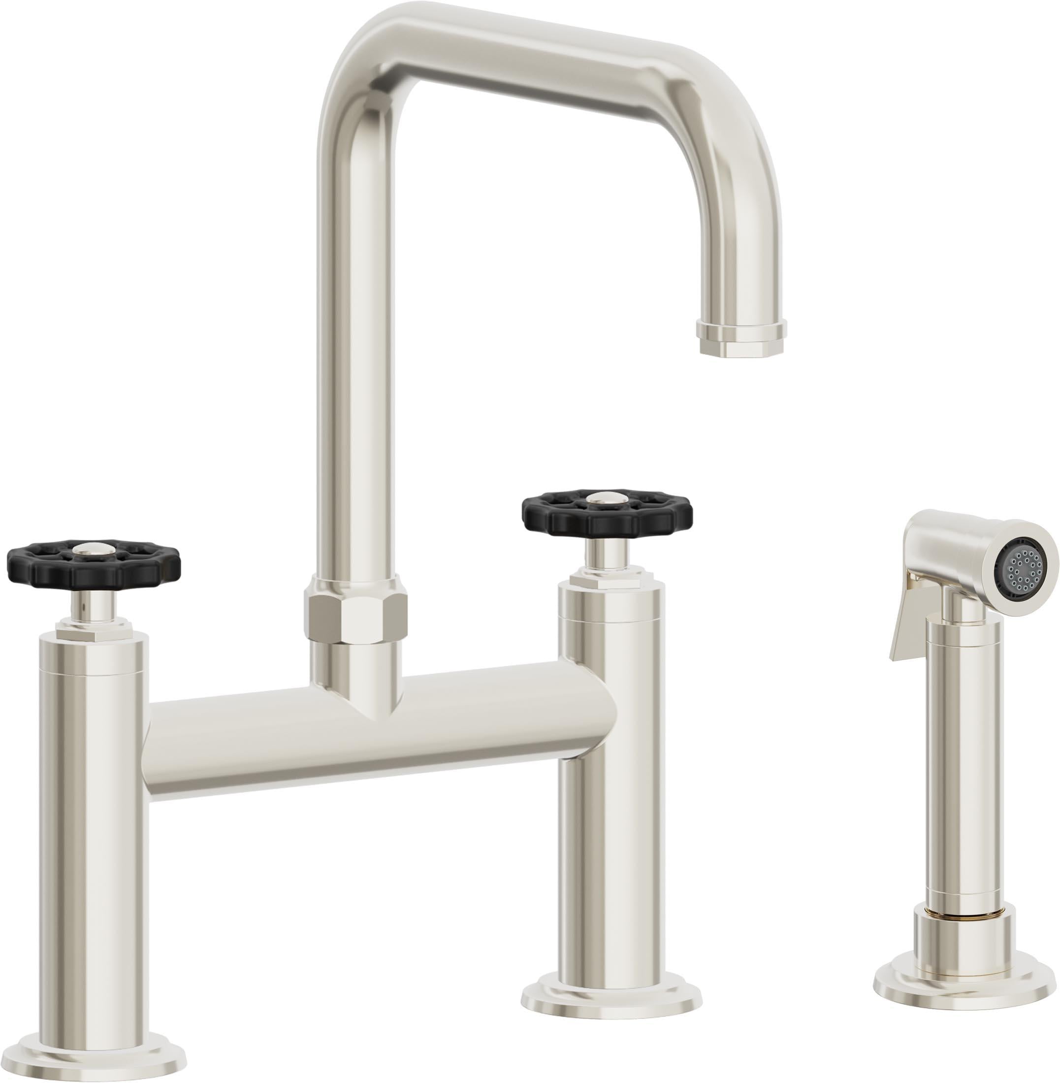California Faucets Descanso Works Llave de Cocina Tipo Puente Industrial con Rociador Lateral - Pico Cuadruple - Níquel Pulido