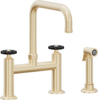 California Faucets Descanso Works Llave de Cocina Tipo Puente Industrial con Rociador Lateral - Pico Cuadruple - Latón Satinado