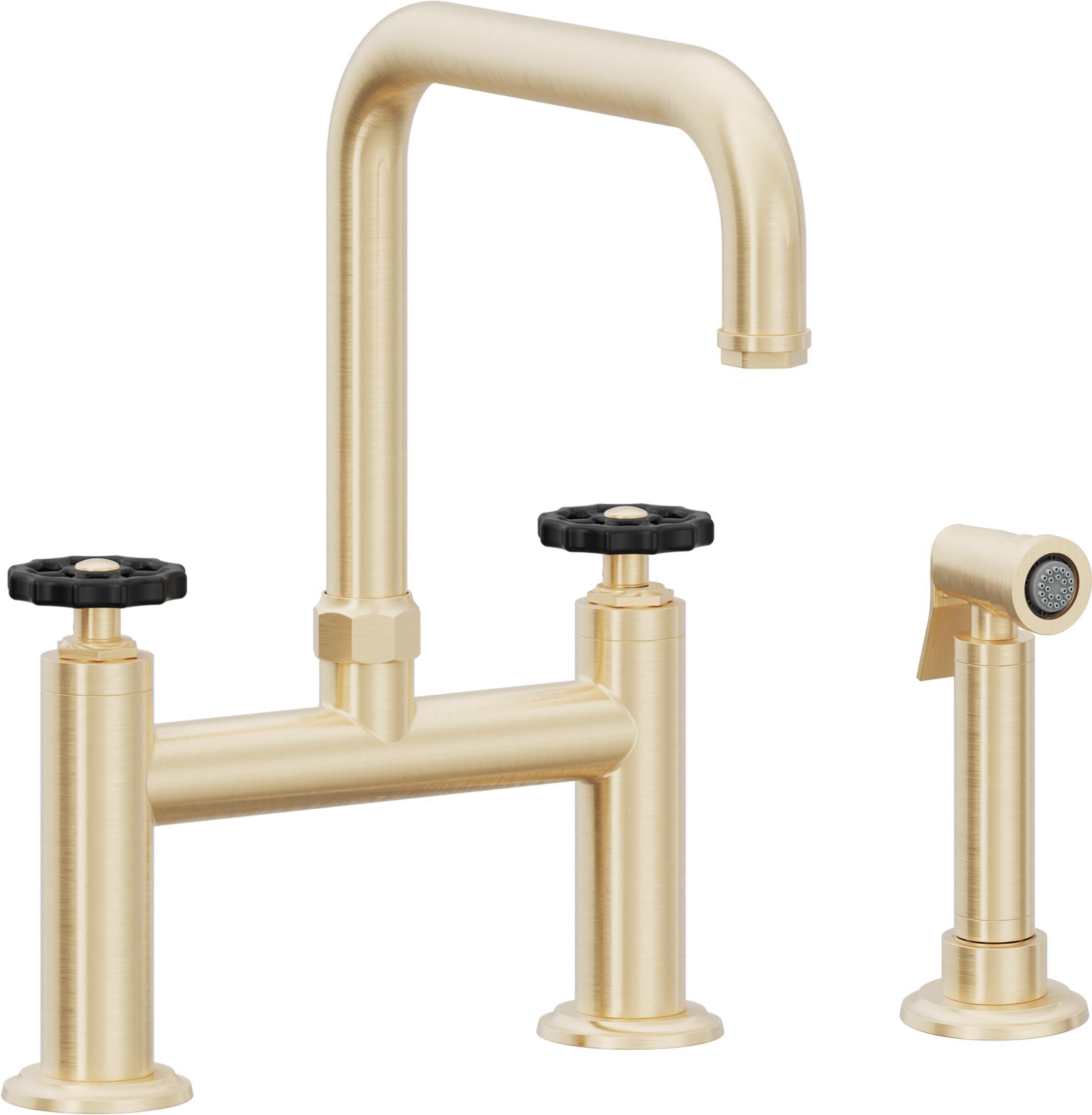 California Faucets Descanso Works Llave de Cocina Tipo Puente Industrial con Rociador Lateral - Pico Cuadruple - Latón Satinado