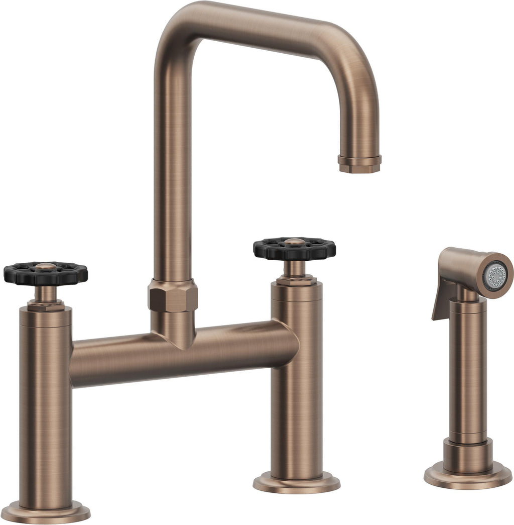 California Faucets Descanso Works Llave de Cocina Tipo Puente Industrial con Rociador Lateral - Pico Cuadruple - Bronce Satinado
