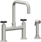 California Faucets Descanso Works Llave de Cocina Tipo Puente Industrial con Rociador Lateral - Pico Cuadruple - Cromo Satinado