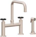 California Faucets Descanso Works Llave de Cocina Tipo Puente Industrial con Rociador Lateral - Pico Cuadruple - Níquel Satinado