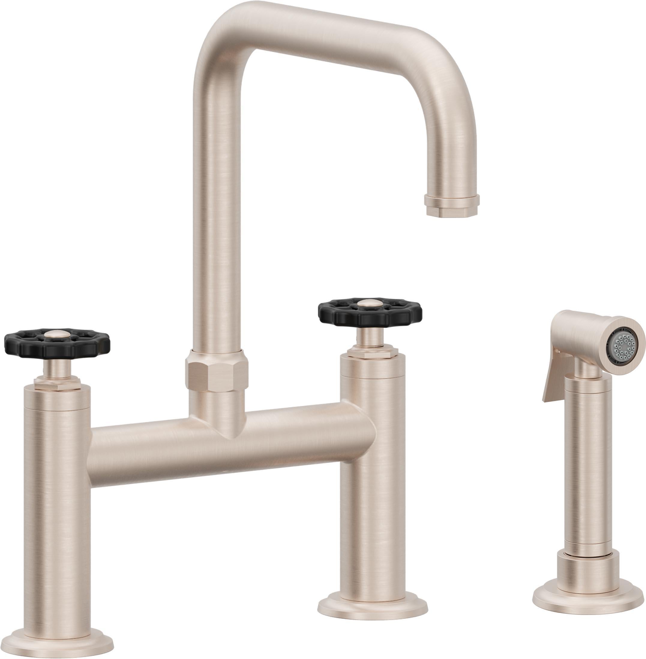 California Faucets Descanso Works Llave de Cocina Tipo Puente Industrial con Rociador Lateral - Pico Cuadruple - Níquel Satinado