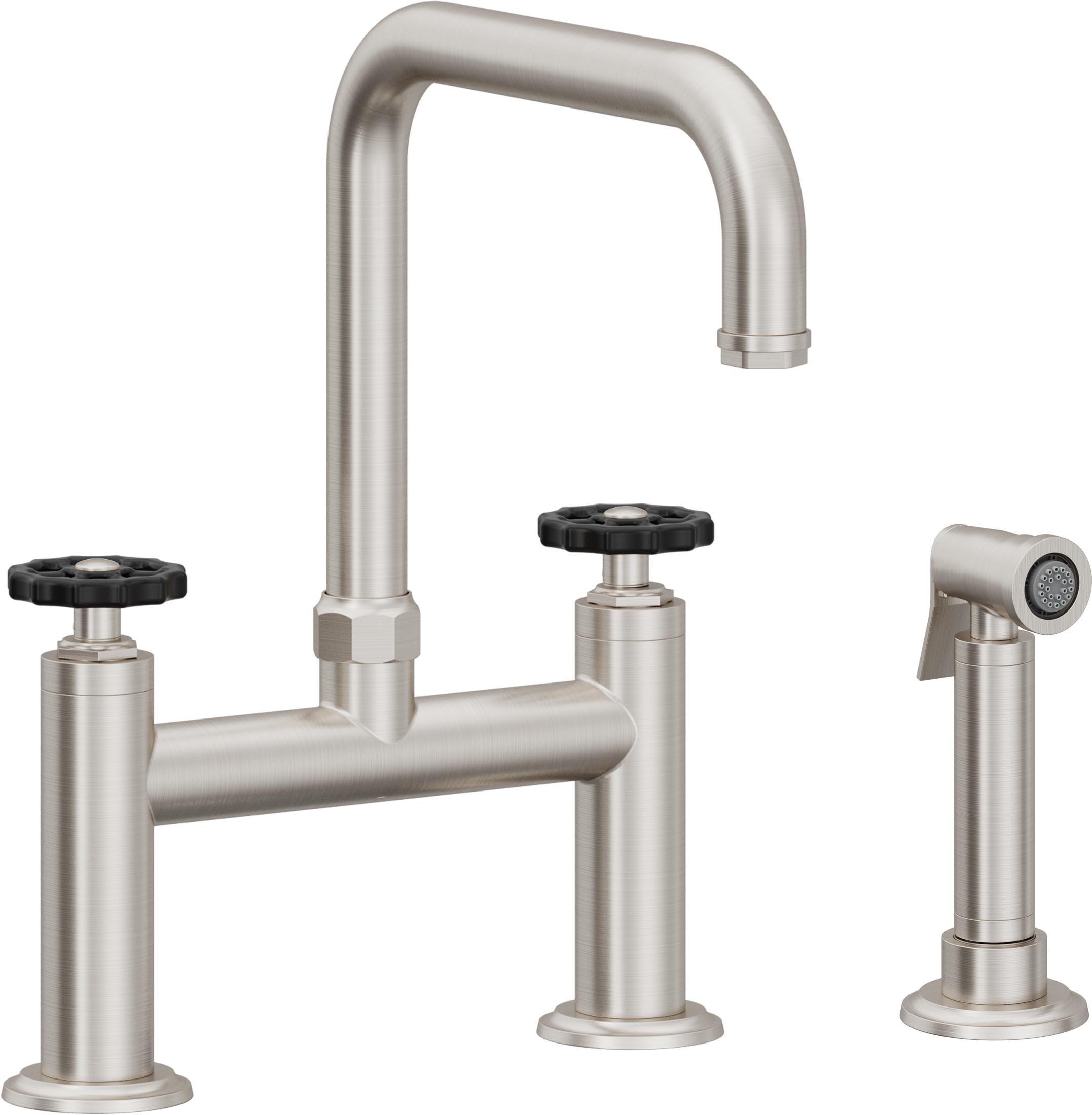 California Faucets Descanso Works Llave de Cocina Tipo Puente Industrial con Rociador Lateral - Pico Cuadruple - Acero Inoxidable Ultra
