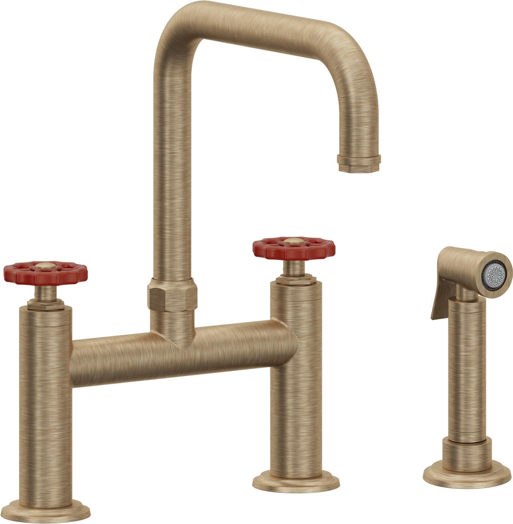 California Faucets Descanso Works Llave de Cocina Tipo Puente Industrial con Rociador Lateral - Pico Cuadruple - Latón Antiguo Mate