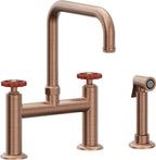California Faucets Descanso Works Llave de Cocina Tipo Puente Industrial con Rociador Lateral - Pico Cuadruple - Cobre Antiguo Mate