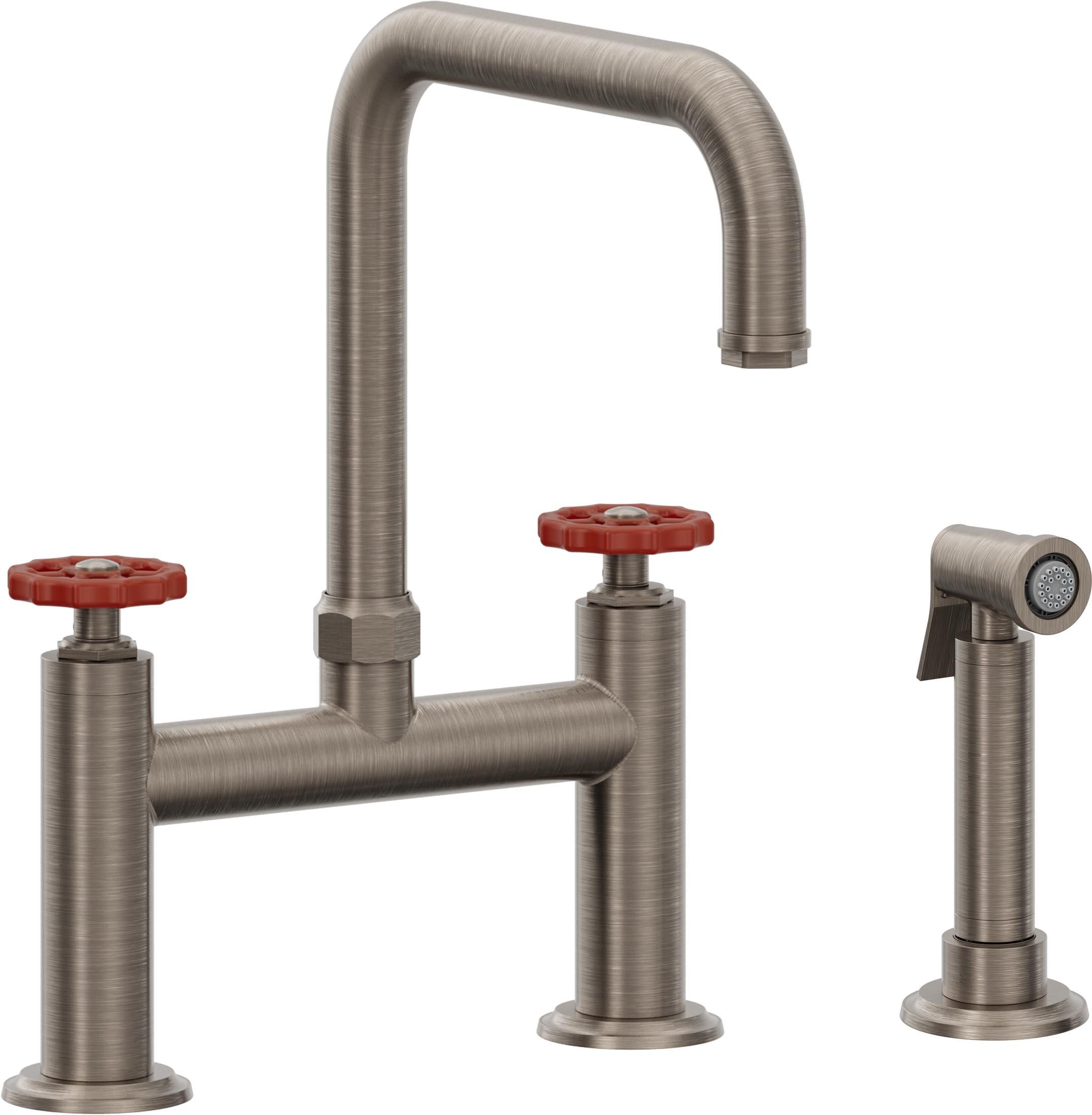 California Faucets Descanso Works Llave de Cocina Tipo Puente Industrial con Rociador Lateral - Pico Cuadruple - Níquel Antiguo Mate