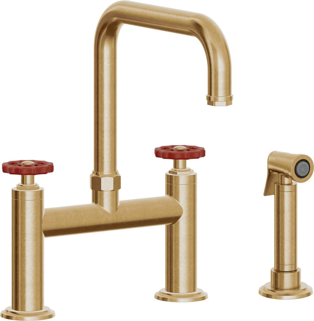 California Faucets Descanso Works Llave de Cocina Tipo Puente Industrial con Rociador Lateral - Pico Cuadruple - Latón Bruñido