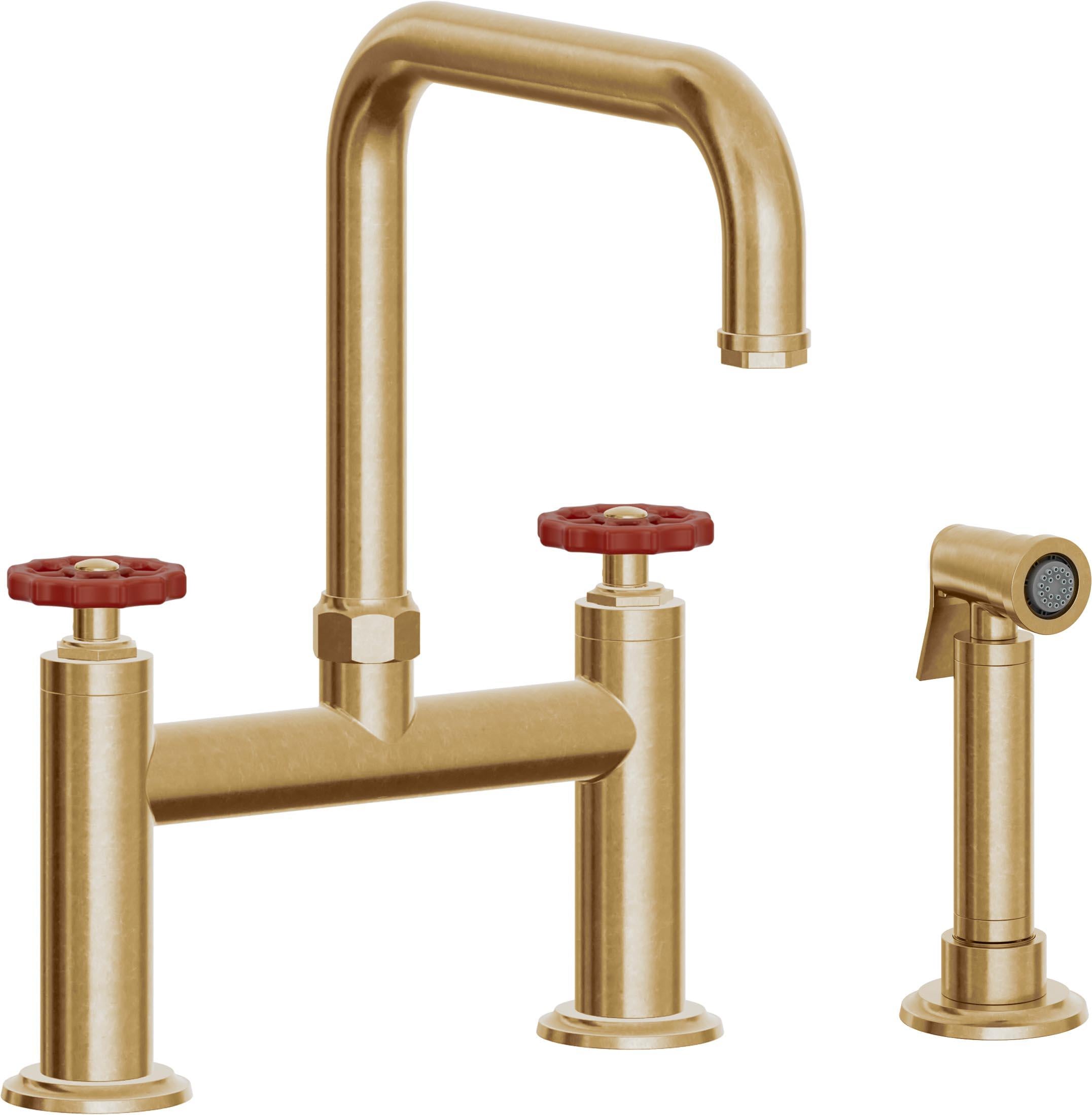 California Faucets Descanso Works Llave de Cocina Tipo Puente Industrial con Rociador Lateral - Pico Cuadruple - Latón Bruñido