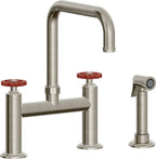 California Faucets Descanso Works Llave de Cocina Tipo Puente Industrial con Rociador Lateral - Pico Cuadruple - Níquel Bruñido