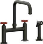 California Faucets Descanso Works Llave de Cocina Tipo Puente Industrial con Rociador Lateral - Pico Cuadruple - Bronce Bella Terra