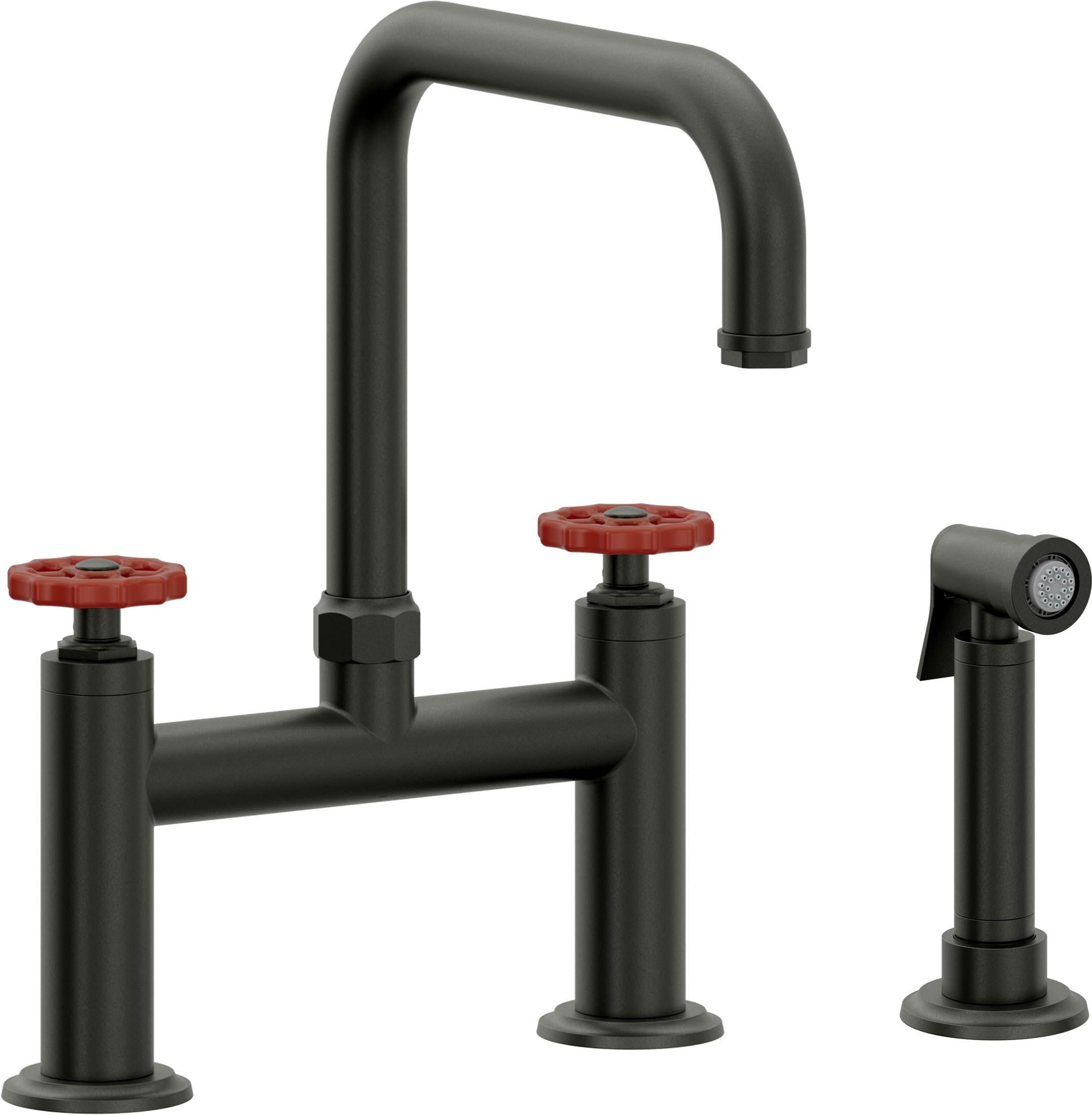 California Faucets Descanso Works Llave de Cocina Tipo Puente Industrial con Rociador Lateral - Pico Cuadruple - Bronce Bella Terra