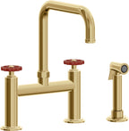 California Faucets Descanso Works Llave de Cocina Tipo Puente Industrial con Rociador Lateral - Pico Cuadruple - Oro Francés
