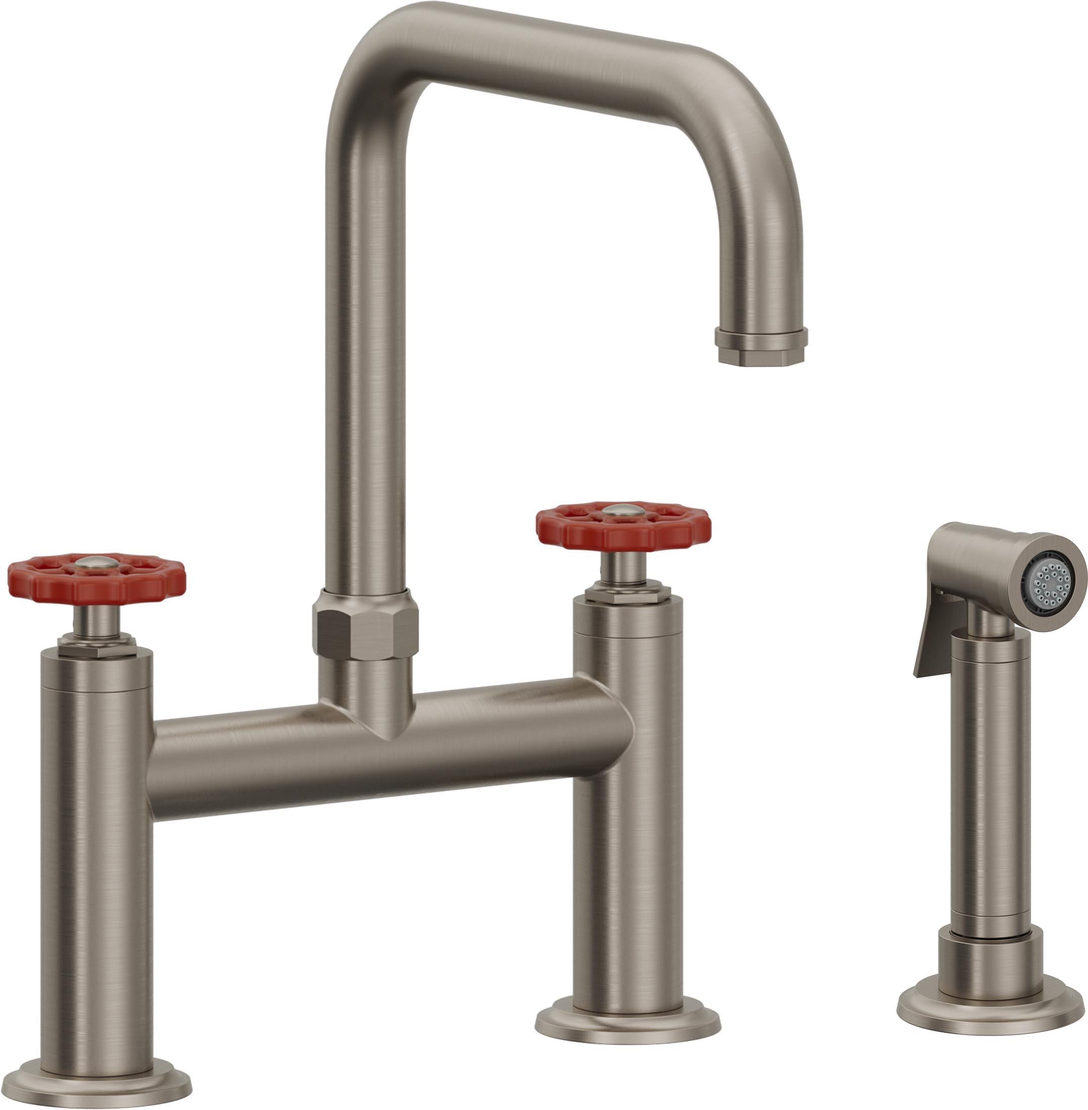 California Faucets Descanso Works Llave de Cocina Tipo Puente Industrial con Rociador Lateral - Pico Cuadruple - Grafito