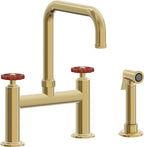 California Faucets Descanso Works Llave de Cocina Tipo Puente Industrial con Rociador Lateral - Pico Cuadruple - Oro Pulido de por Vida