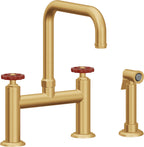 California Faucets Descanso Works Llave de Cocina Tipo Puente Industrial con Rociador Lateral - Pico Cuadruple - Oro Satinado de por Vida