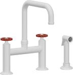 California Faucets Descanso Works Llave de Cocina Tipo Puente Industrial con Rociador Lateral - Pico Cuadruple - Blanco Mate