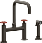 California Faucets Descanso Works Llave de Cocina Tipo Puente Industrial con Rociador Lateral - Pico Cuadruple - Bronce Oscuro