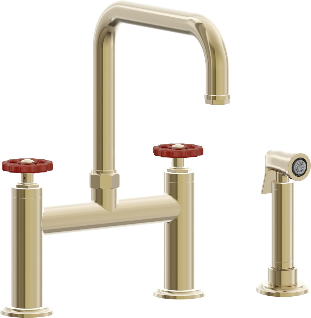 California Faucets Descanso Works Llave de Cocina Tipo Puente Industrial con Rociador Lateral - Pico Cuadruple - Latón Pulido