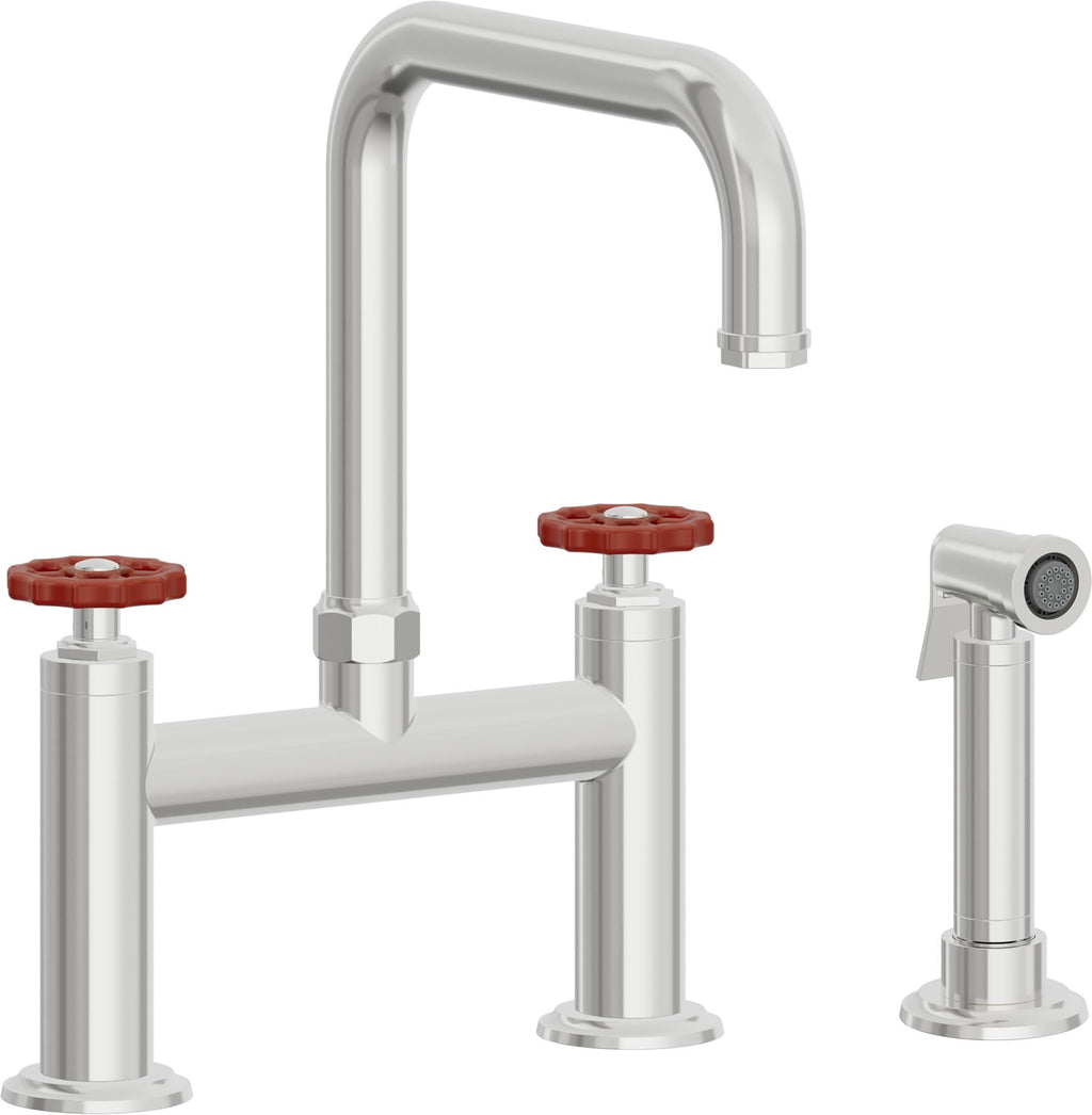 California Faucets Descanso Works Llave de Cocina Tipo Puente Industrial con Rociador Lateral - Pico Cuadruple - Cromo Pulido