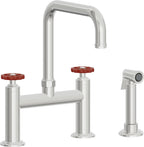 California Faucets Descanso Works Llave de Cocina Tipo Puente Industrial con Rociador Lateral - Pico Cuadruple - Cromo Pulido