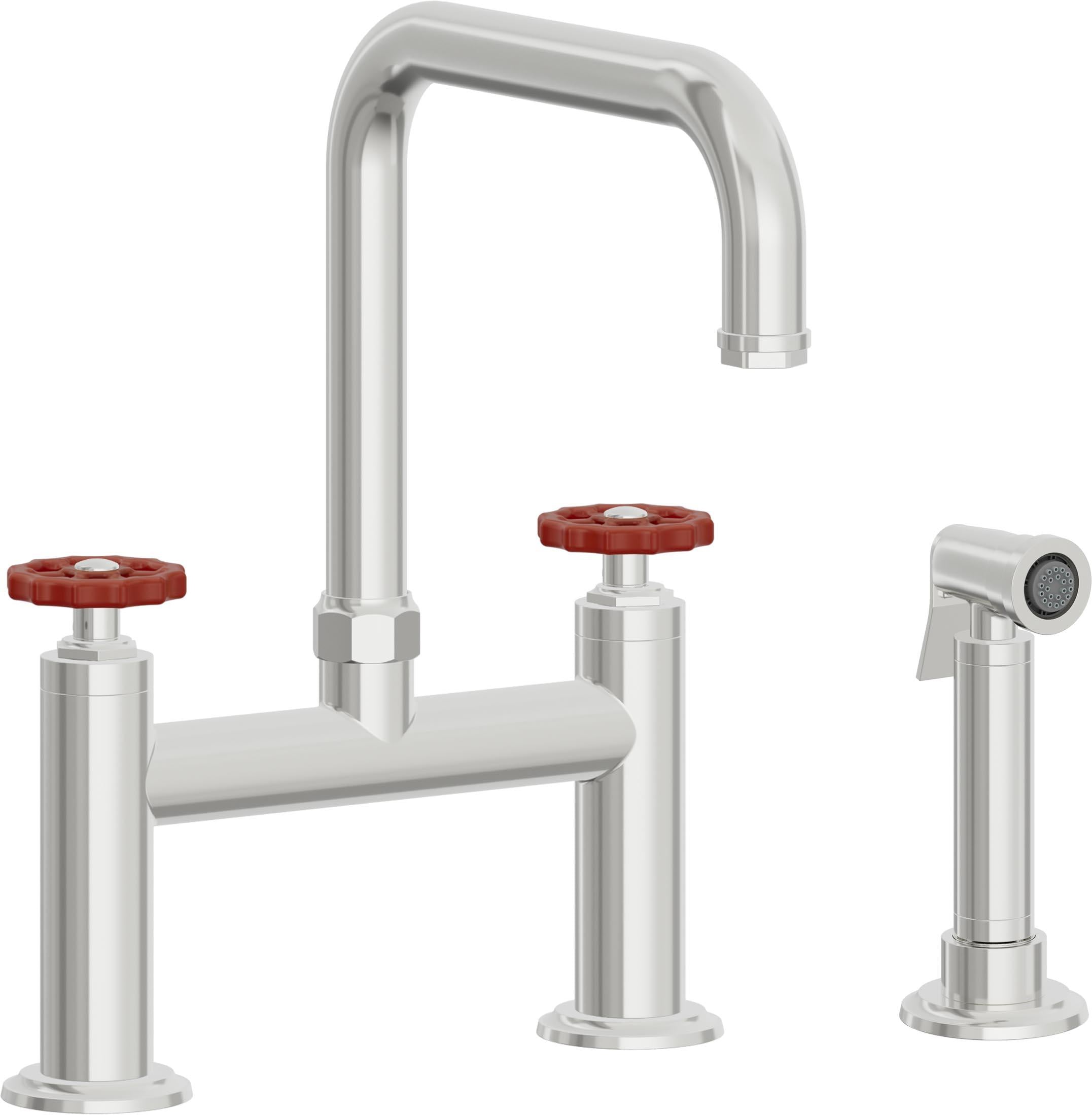 California Faucets Descanso Works Llave de Cocina Tipo Puente Industrial con Rociador Lateral - Pico Cuadruple - Cromo Pulido