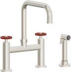 California Faucets Descanso Works Llave de Cocina Tipo Puente Industrial con Rociador Lateral - Pico Cuadruple - Níquel Pulido