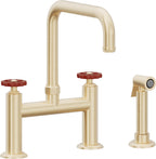 California Faucets Descanso Works Llave de Cocina Tipo Puente Industrial con Rociador Lateral - Pico Cuadruple - Latón Satinado