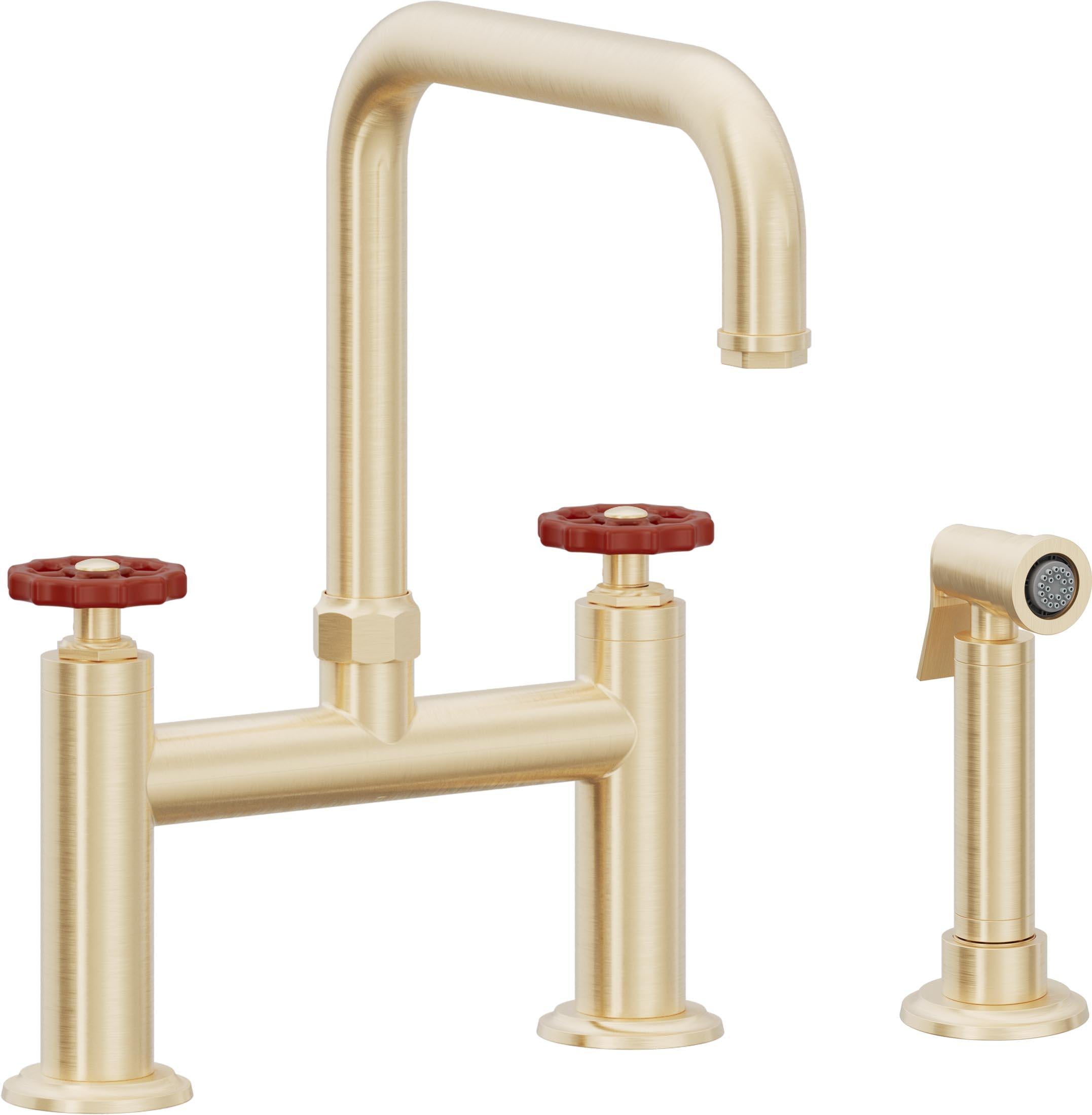 California Faucets Descanso Works Llave de Cocina Tipo Puente Industrial con Rociador Lateral - Pico Cuadruple - Latón Satinado