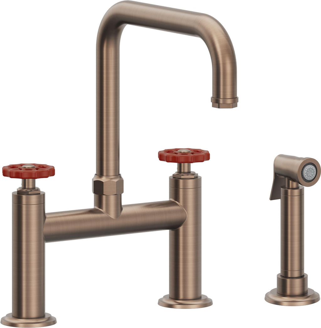 California Faucets Descanso Works Llave de Cocina Tipo Puente Industrial con Rociador Lateral - Pico Cuadruple - Bronce Satinado