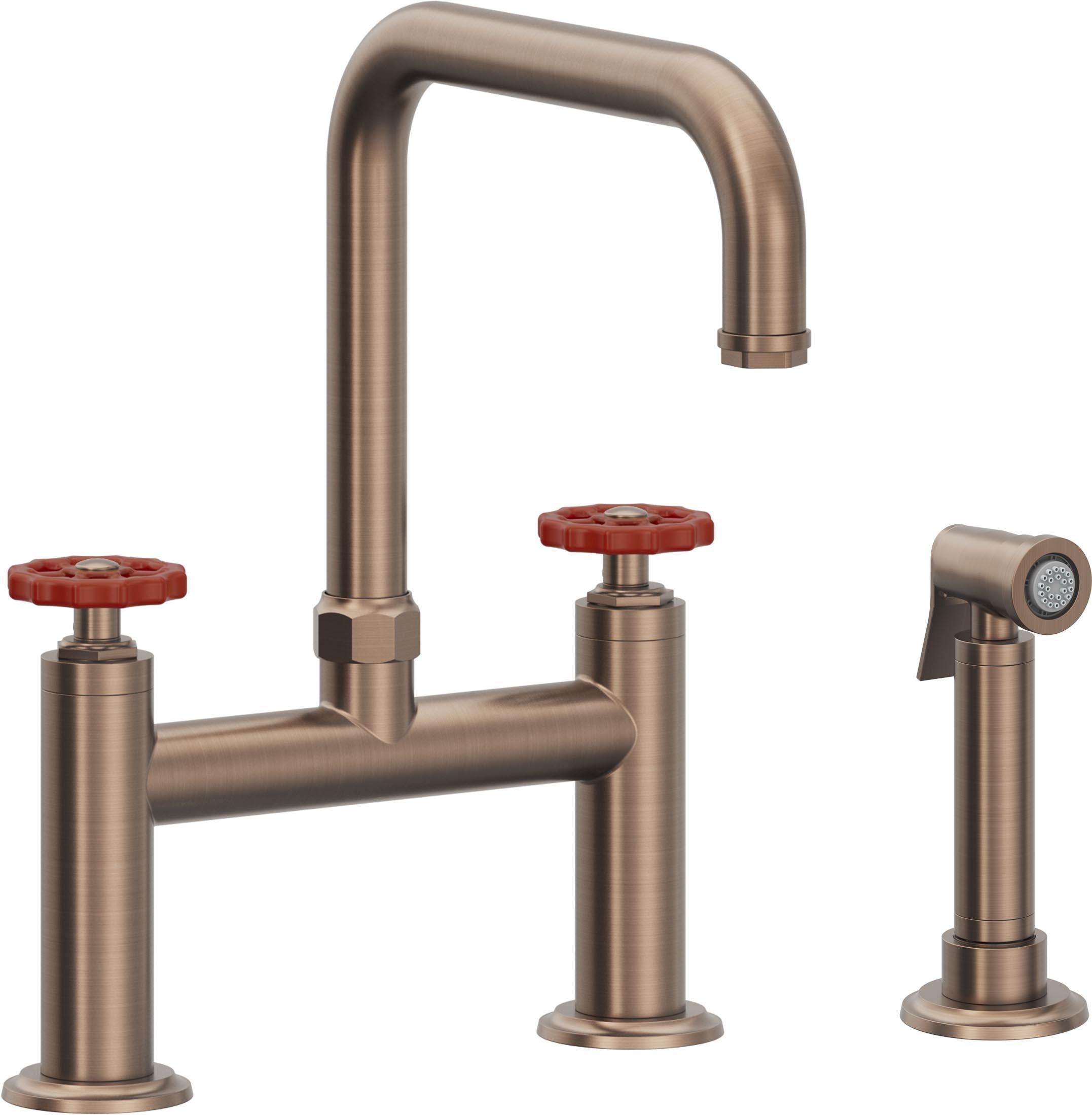 California Faucets Descanso Works Llave de Cocina Tipo Puente Industrial con Rociador Lateral - Pico Cuadruple - Bronce Satinado