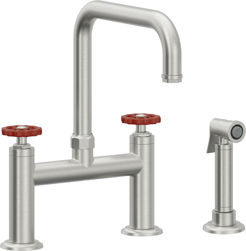 California Faucets Descanso Works Llave de Cocina Tipo Puente Industrial con Rociador Lateral - Pico Cuadruple - Cromo Satinado