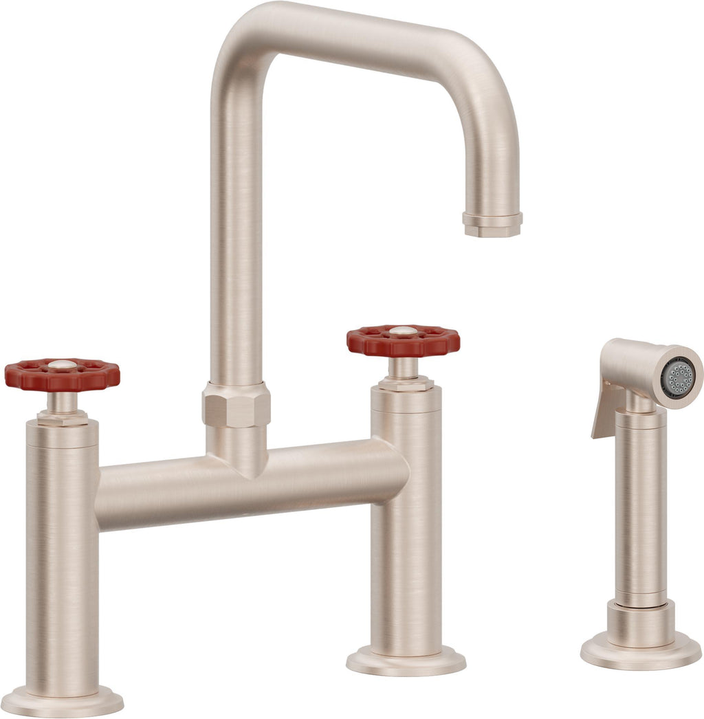 California Faucets Descanso Works Llave de Cocina Tipo Puente Industrial con Rociador Lateral - Pico Cuadruple - Níquel Satinado