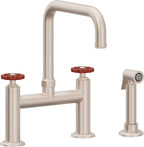 California Faucets Descanso Works Llave de Cocina Tipo Puente Industrial con Rociador Lateral - Pico Cuadruple - Níquel Satinado